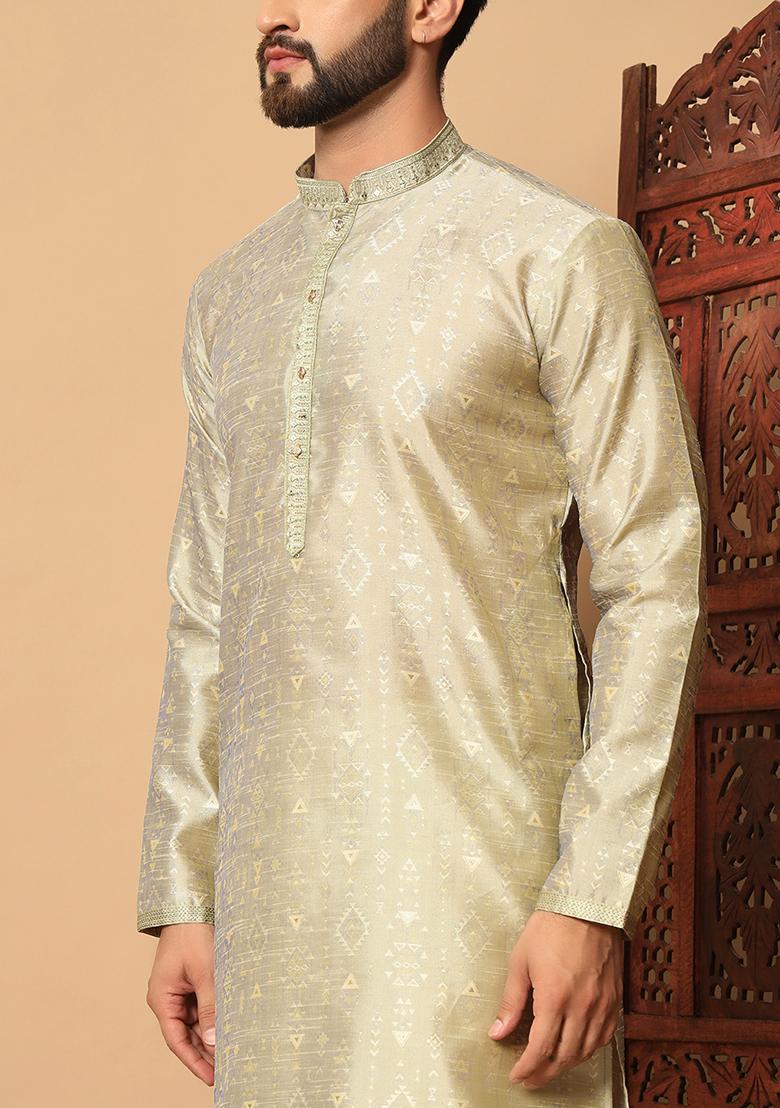 Golden Embroidered Silk Kurta Pyjama Set For Men