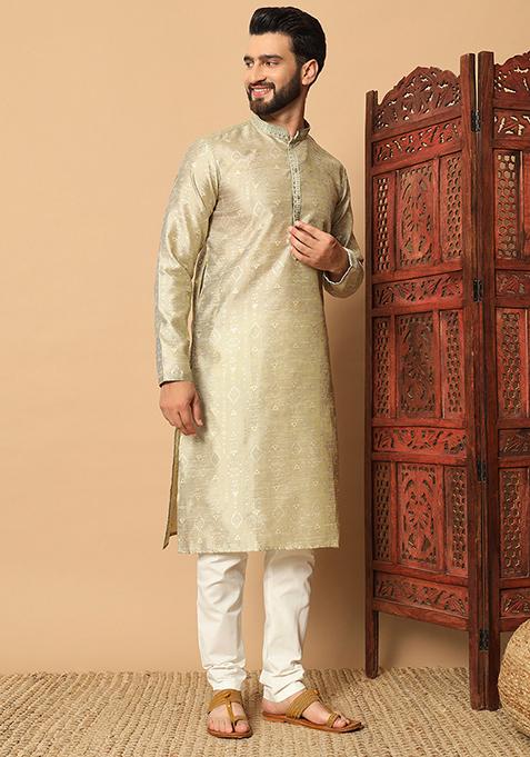 Golden Embroidered Silk Kurta Pyjama Set For Men