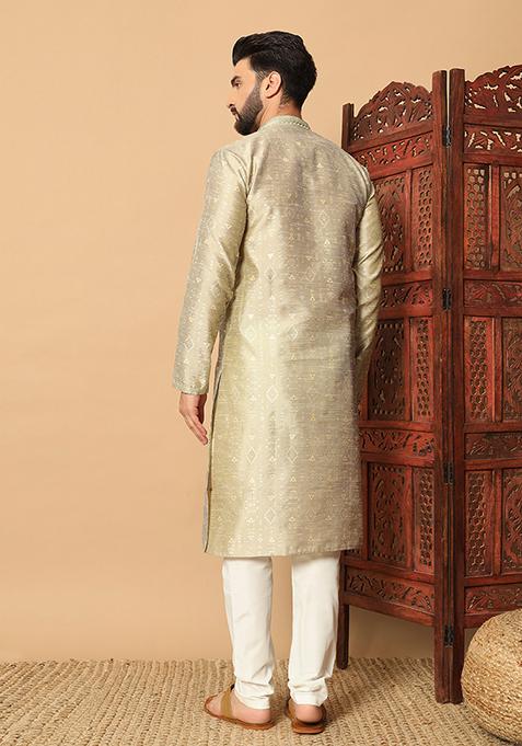 Golden Embroidered Silk Kurta Pyjama Set For Men