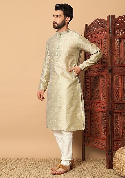 Golden Embroidered Silk Kurta Pyjama Set For Men