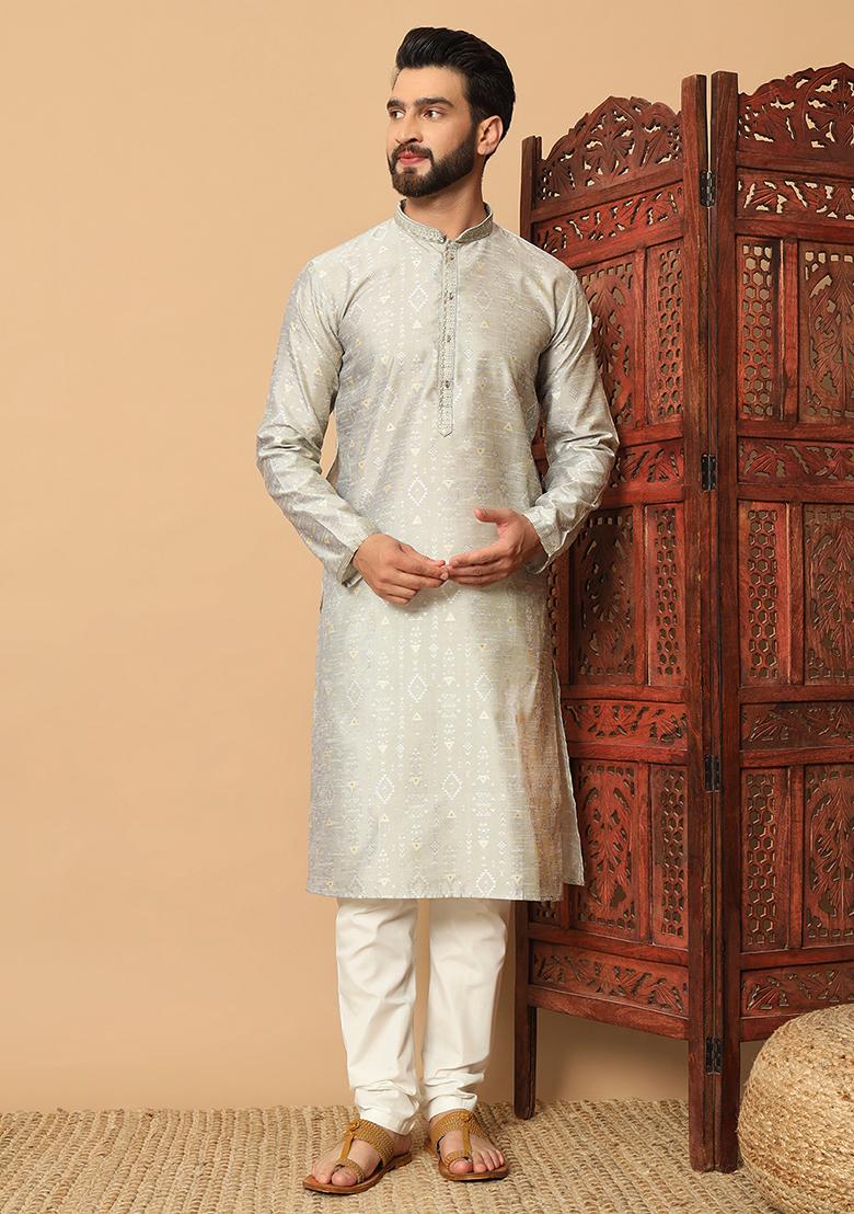 Silver Embroidered Silk Kurta Pyjama Set For Men