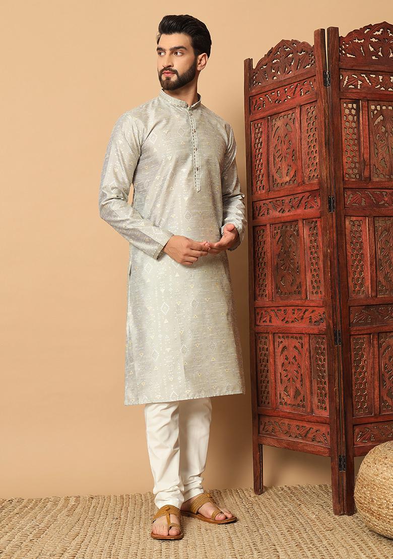 Silver Embroidered Silk Kurta Pyjama Set For Men