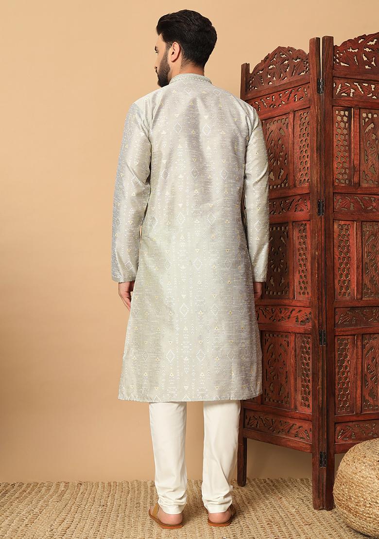 Silver Embroidered Silk Kurta Pyjama Set For Men