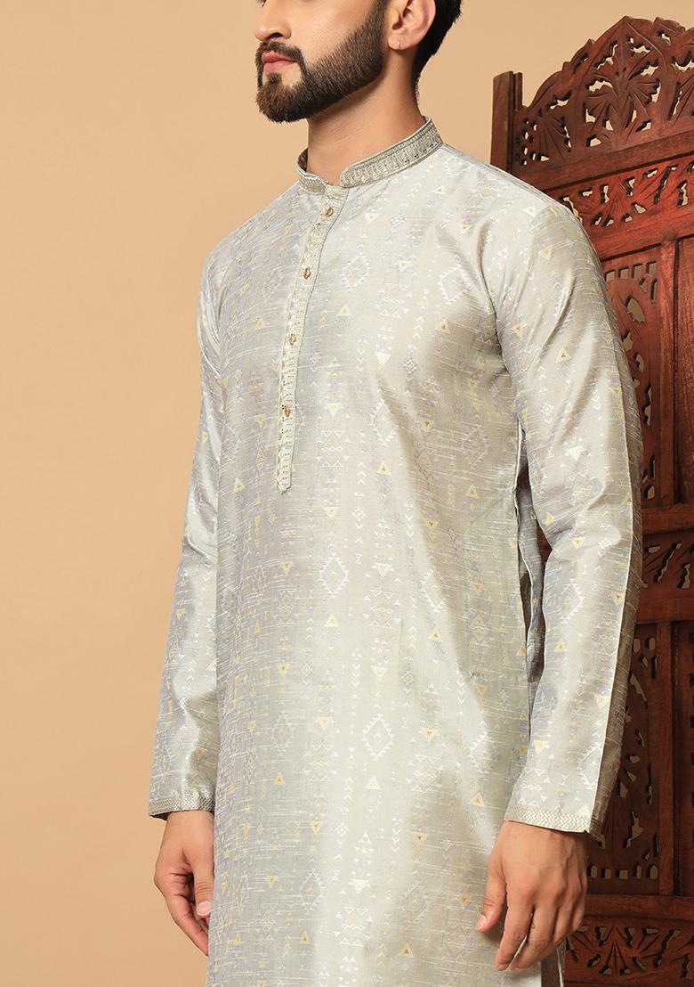 Silver Embroidered Silk Kurta Pyjama Set For Men