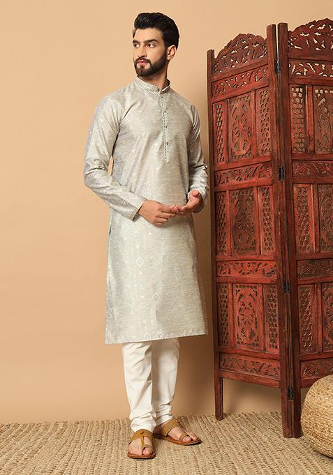 Silver Embroidered Silk Kurta Pyjama Set For Men