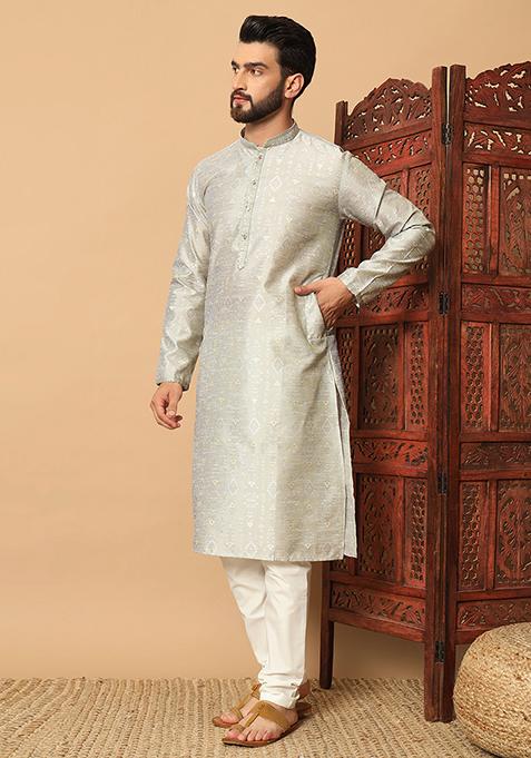 Silver Embroidered Silk Kurta Pyjama Set For Men