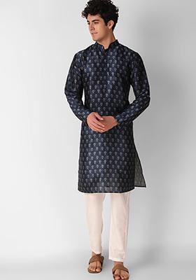 Blue Printed Art Silk Kurta Pyjama Set For Men