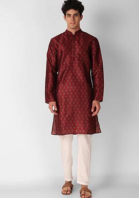 Maroon Printed Art Silk Kurta Pyjama Set For Men
