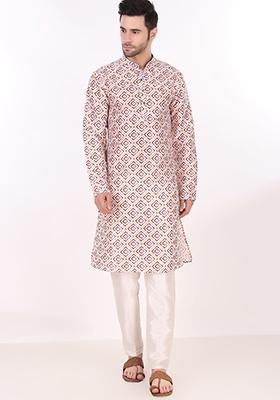 Off White Printed Art Silk Kurta Pyjama Set For Men