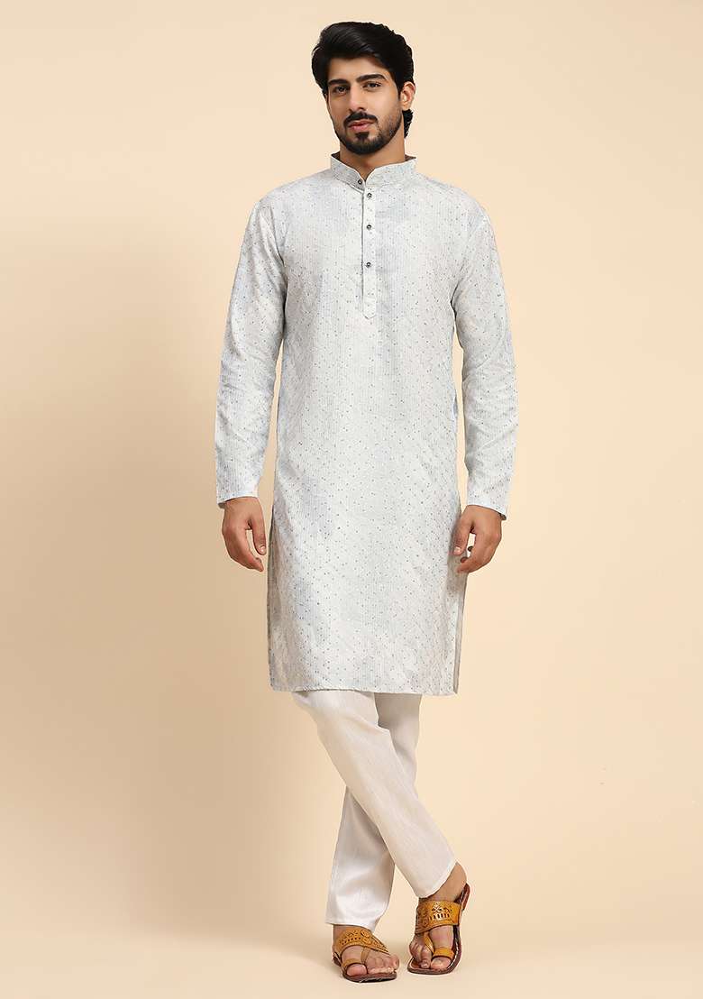 Blue Digital Print Sequin Embroidered Cotton Kurta For Men - Indya