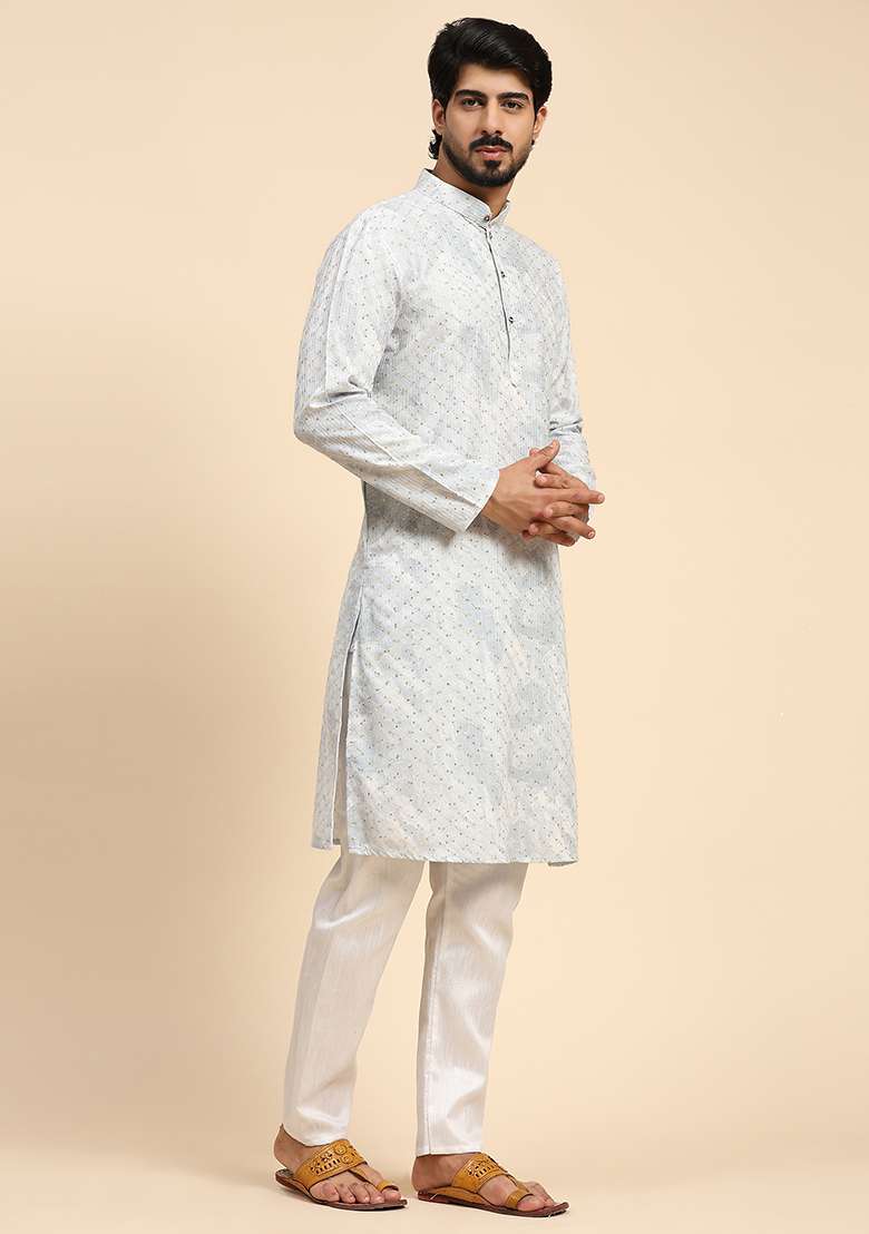 Blue Digital Print Sequin Embroidered Cotton Kurta For Men - Indya
