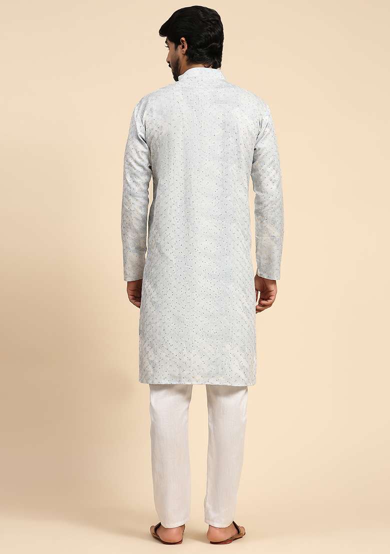 Blue Digital Print Sequin Embroidered Cotton Kurta For Men - Indya