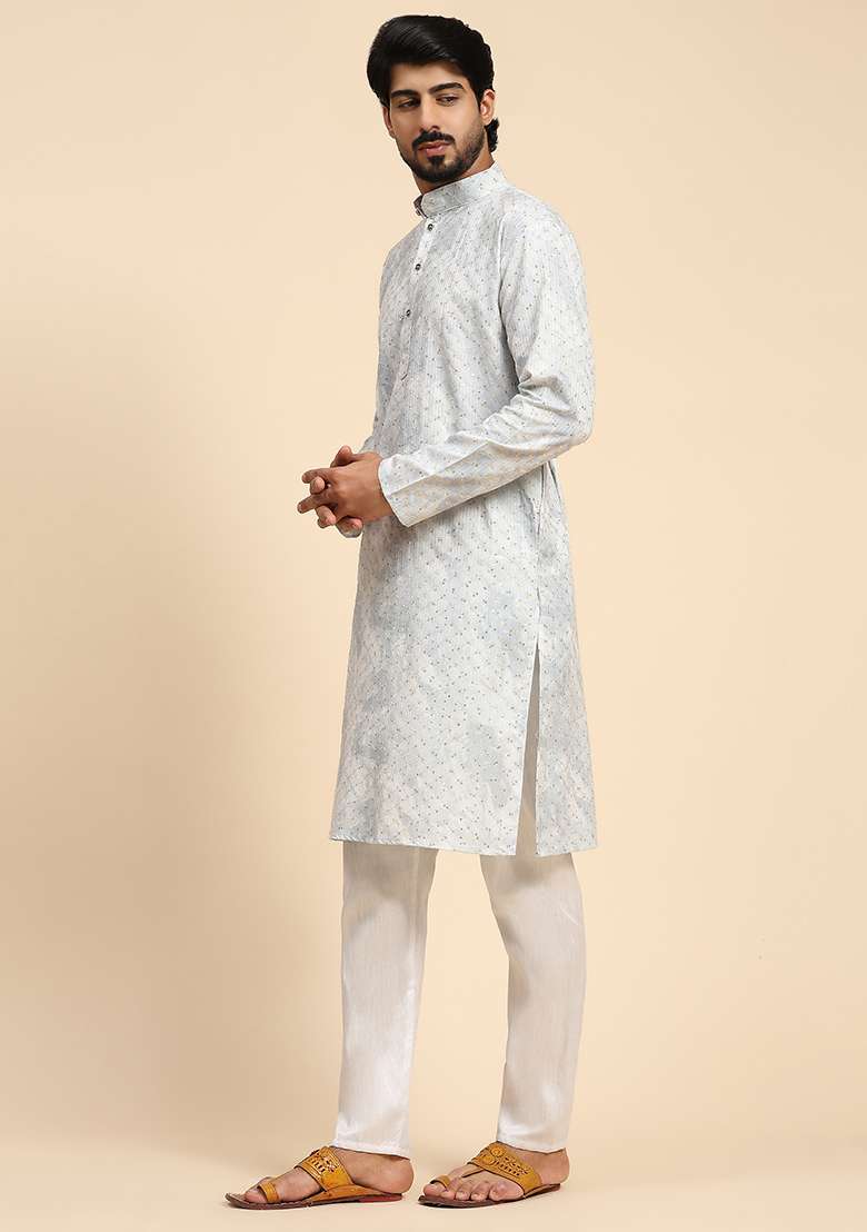 Blue Digital Print Sequin Embroidered Cotton Kurta For Men - Indya