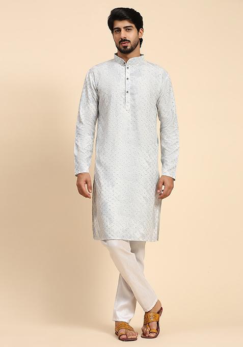 Blue Digital Print Sequin Embroidered Cotton Kurta For Men