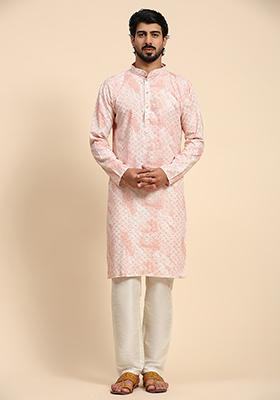Pink Digital Print Sequin Embroidered Cotton Kurta For Men
