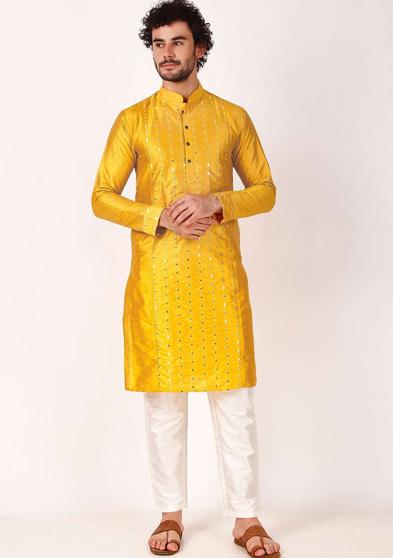 Yellow Mirror Embroidered Art Silk Kurta Pyjama Set For Men - Indya