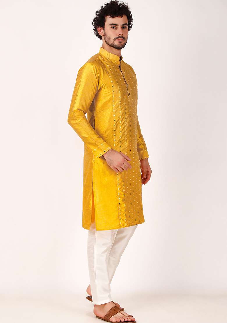 Yellow Mirror Embroidered Art Silk Kurta Pyjama Set For Men - Indya