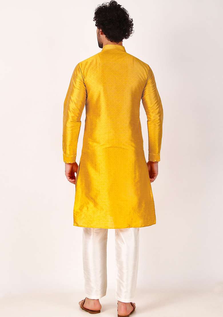 Yellow Mirror Embroidered Art Silk Kurta Pyjama Set For Men - Indya