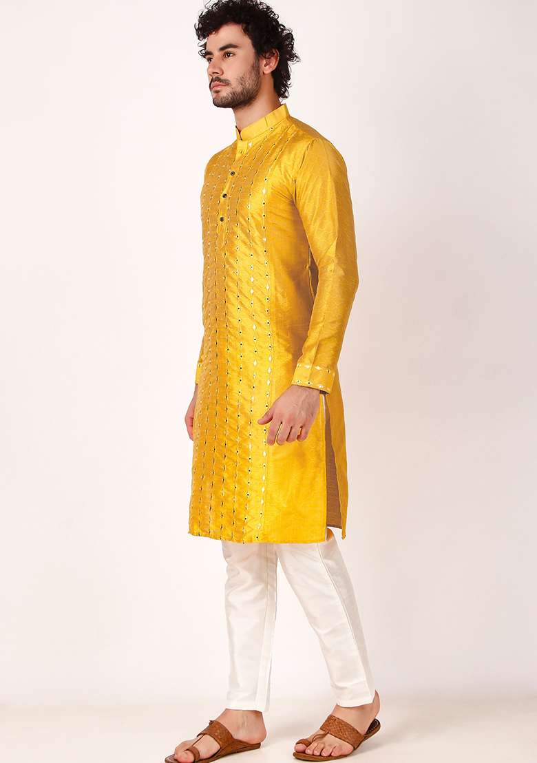 Yellow Mirror Embroidered Art Silk Kurta Pyjama Set For Men - Indya