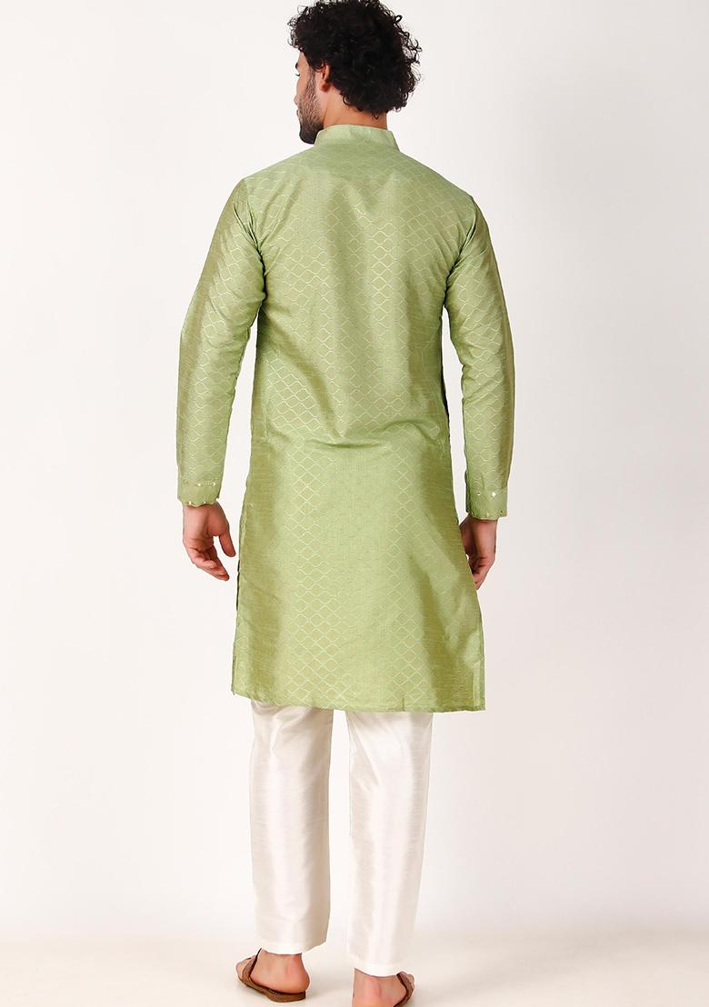 Pista Green Mirror Embroidered Art Silk Kurta Pyjama Set For Men