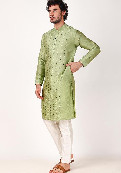 Pista Green Mirror Embroidered Art Silk Kurta Pyjama Set For Men