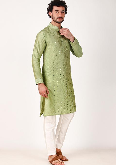 Pista Green Mirror Embroidered Art Silk Kurta Pyjama Set For Men