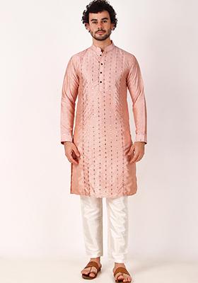 Pink Mirror Embroidered Art Silk Kurta Pyjama Set For Men