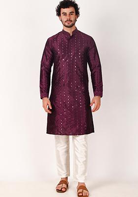 Purple Mirror Embroidered Art Silk Kurta Pyjama Set For Men