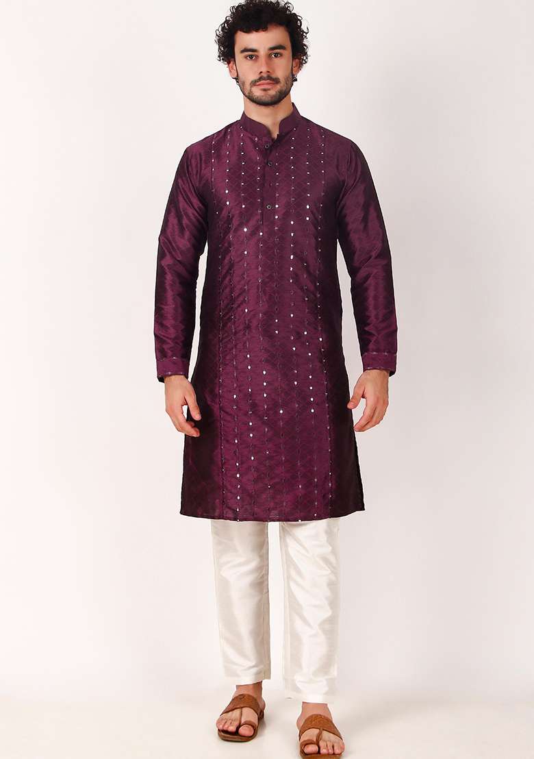 Purple Mirror Embroidered Art Silk Kurta Pyjama Set For Men - Indya