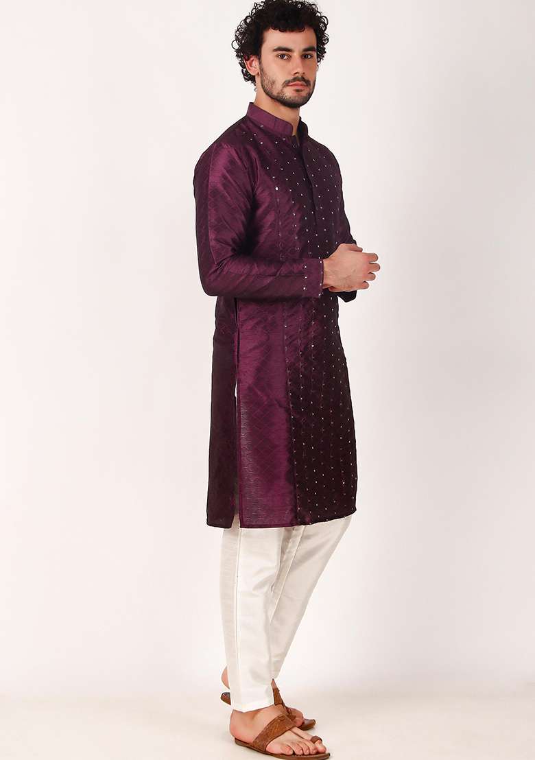 Purple Mirror Embroidered Art Silk Kurta Pyjama Set For Men - Indya