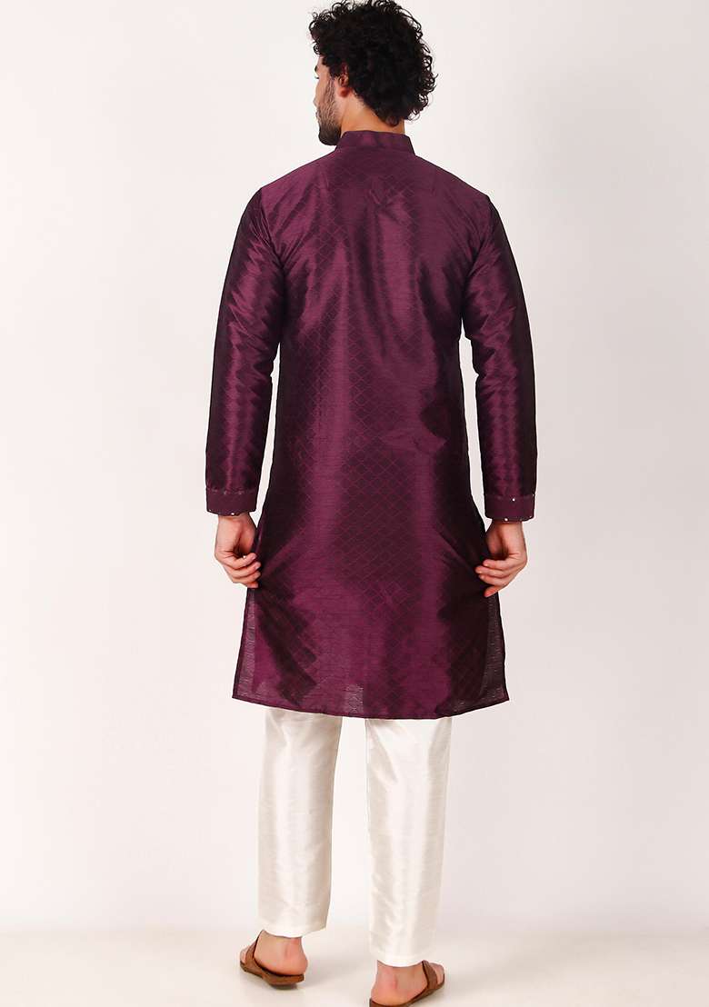 Purple Mirror Embroidered Art Silk Kurta Pyjama Set For Men - Indya