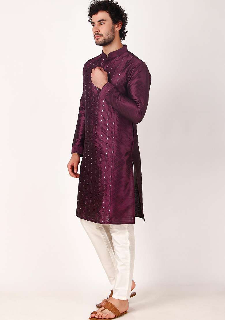 Purple Mirror Embroidered Art Silk Kurta Pyjama Set For Men - Indya