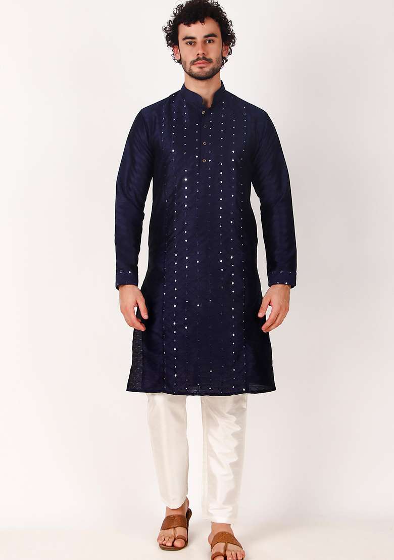 Navy Blue Mirror Embroidered Art Silk Kurta Pyjama Set For Men - Indya