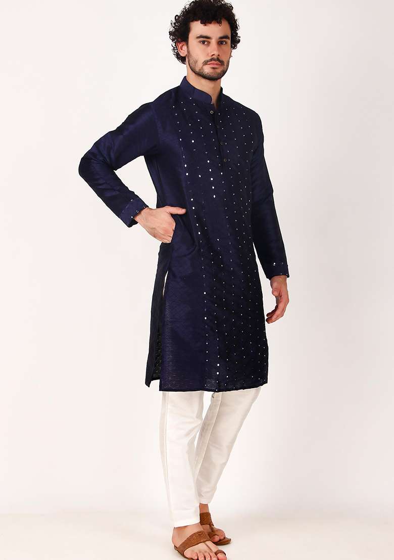 Navy Blue Mirror Embroidered Art Silk Kurta Pyjama Set For Men - Indya
