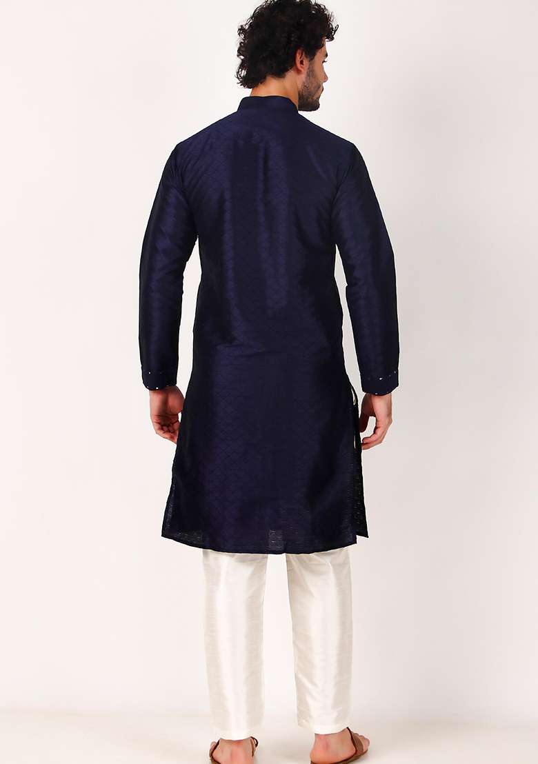 Navy Blue Mirror Embroidered Art Silk Kurta Pyjama Set For Men - Indya