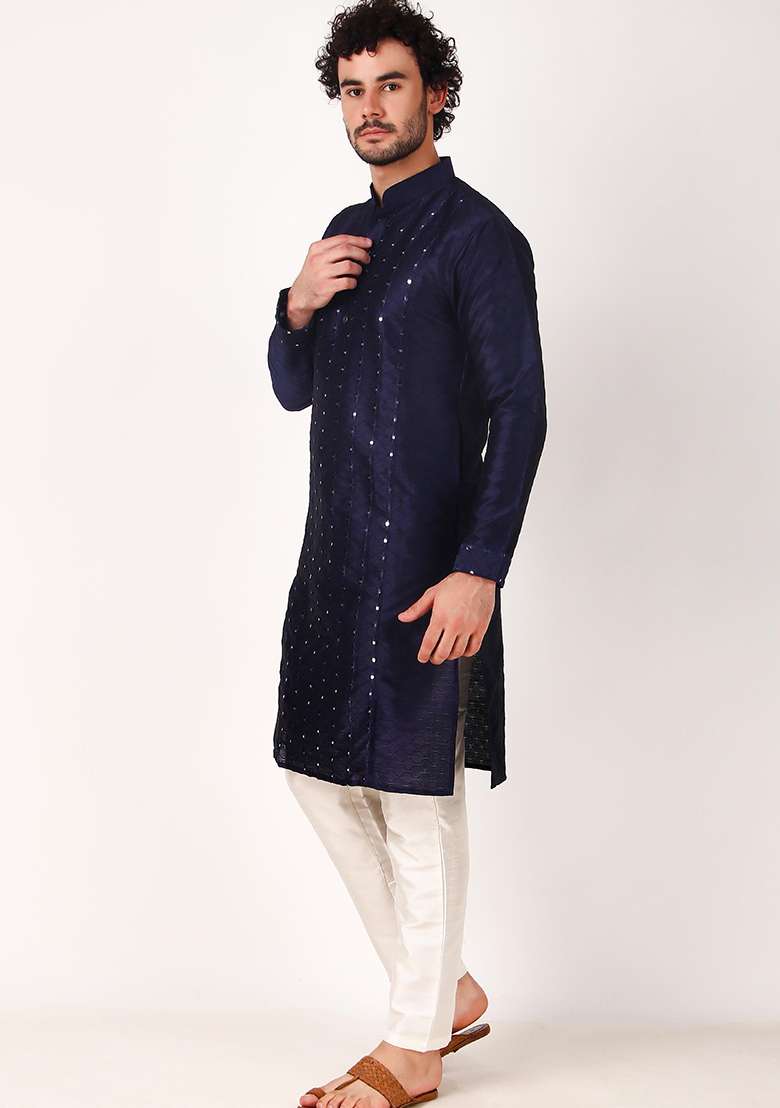 Navy Blue Mirror Embroidered Art Silk Kurta Pyjama Set For Men - Indya