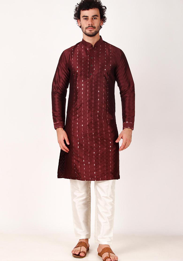 Maroon Mirror Embroidered Art Silk Kurta Pyjama Set For Men