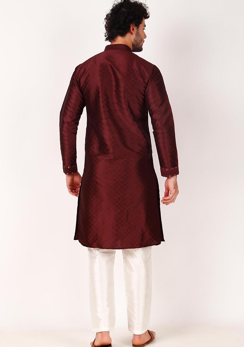 Maroon Mirror Embroidered Art Silk Kurta Pyjama Set For Men