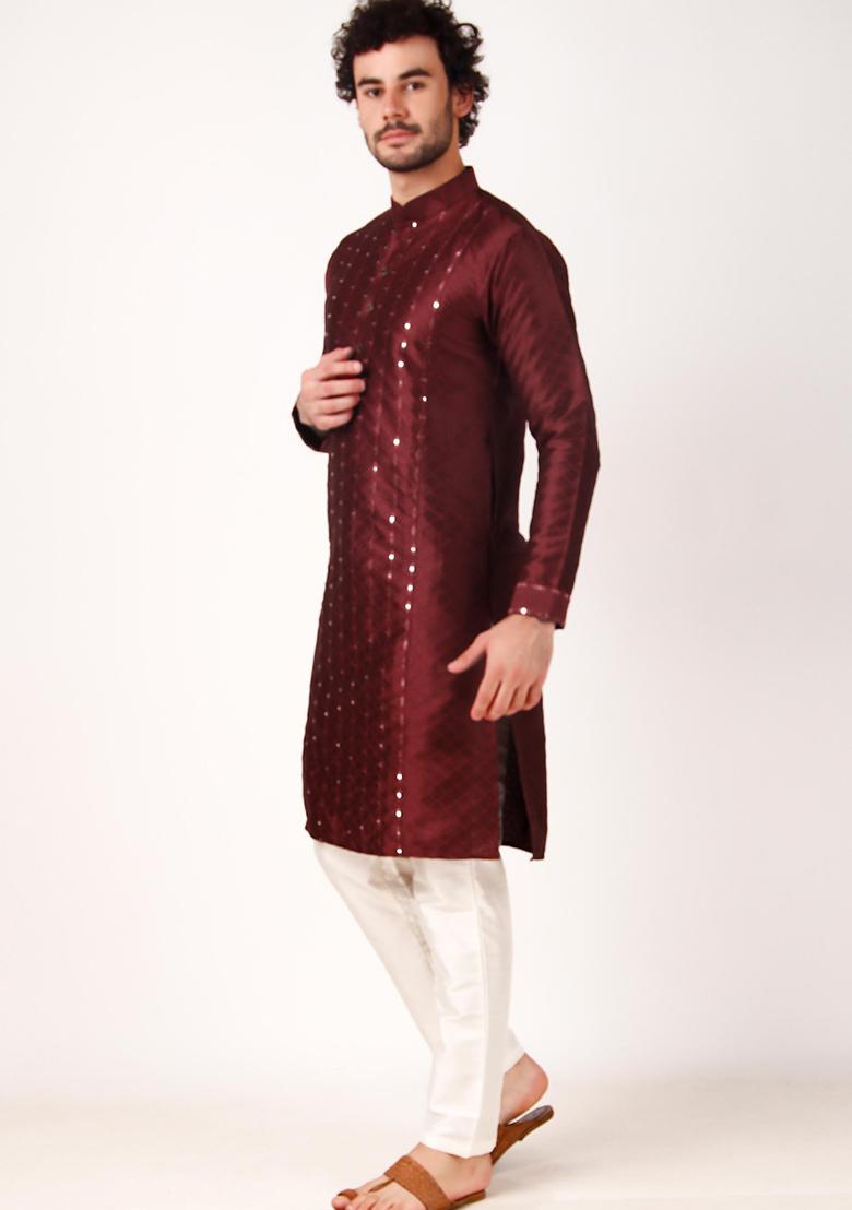 Maroon Mirror Embroidered Art Silk Kurta Pyjama Set For Men