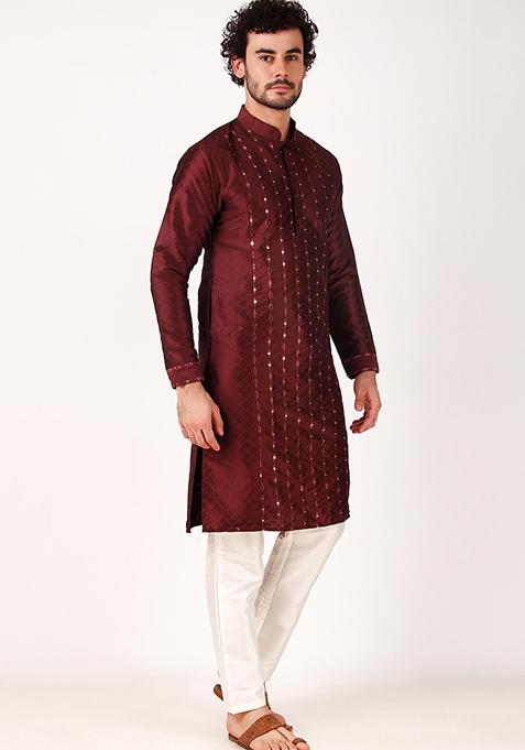 Maroon Mirror Embroidered Art Silk Kurta Pyjama Set For Men