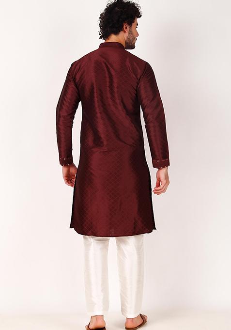 Maroon Mirror Embroidered Art Silk Kurta Pyjama Set For Men