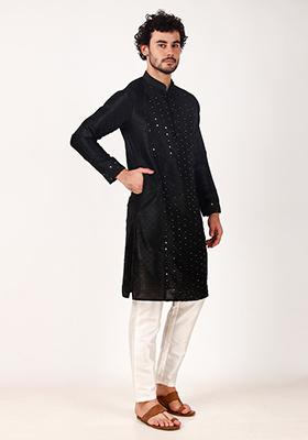 Black Mirror Embroidered Art Silk Kurta Pyjama Set For Men