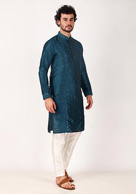 Teal Mirror Embroidered Art Silk Kurta Pyjama Set For Men