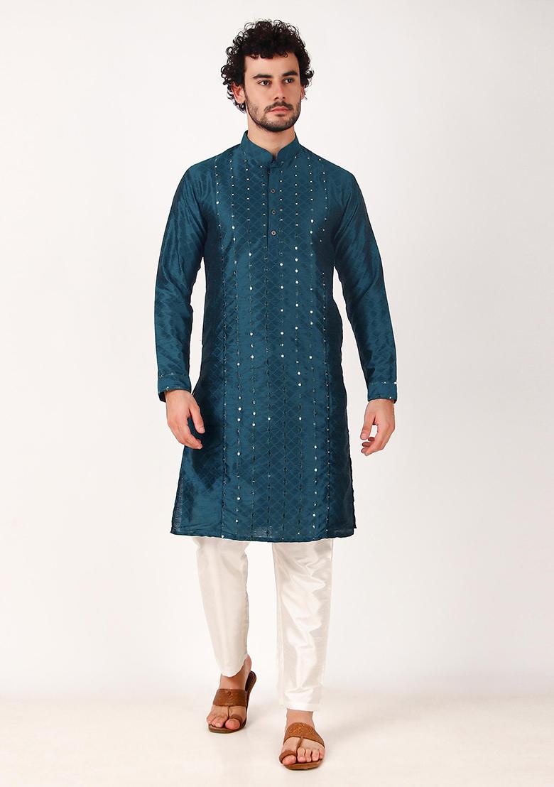 Teal Mirror Embroidered Art Silk Kurta Pyjama Set For Men
