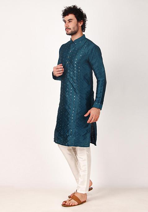 Teal Mirror Embroidered Art Silk Kurta Pyjama Set For Men