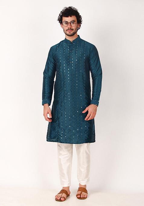 Teal Mirror Embroidered Art Silk Kurta Pyjama Set For Men