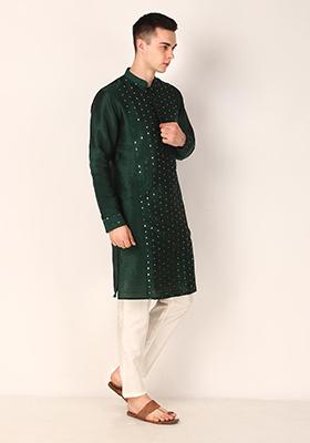 Green Mirror Embroidered Khadi Silk Kurta Pyjama Set For Men