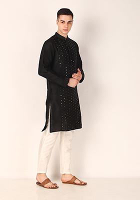 Black Mirror Embroidered Khadi Silk Kurta Pyjama Set For Men