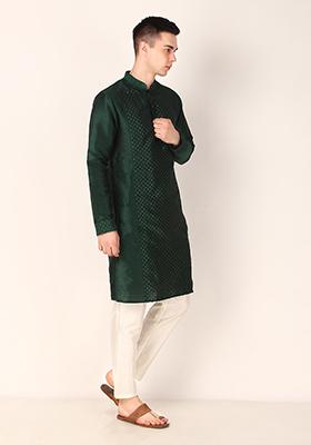 Green Sequin Embroidered Khadi Silk Kurta Pyjama Set For Men
