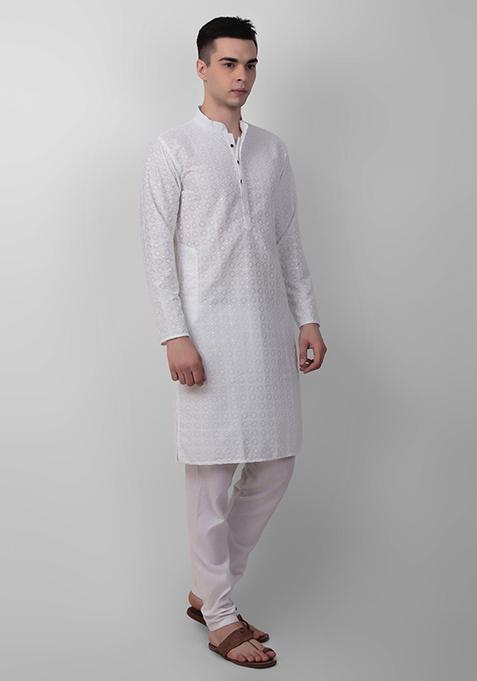 White Sequin Embroidered Cotton Kurta For Men